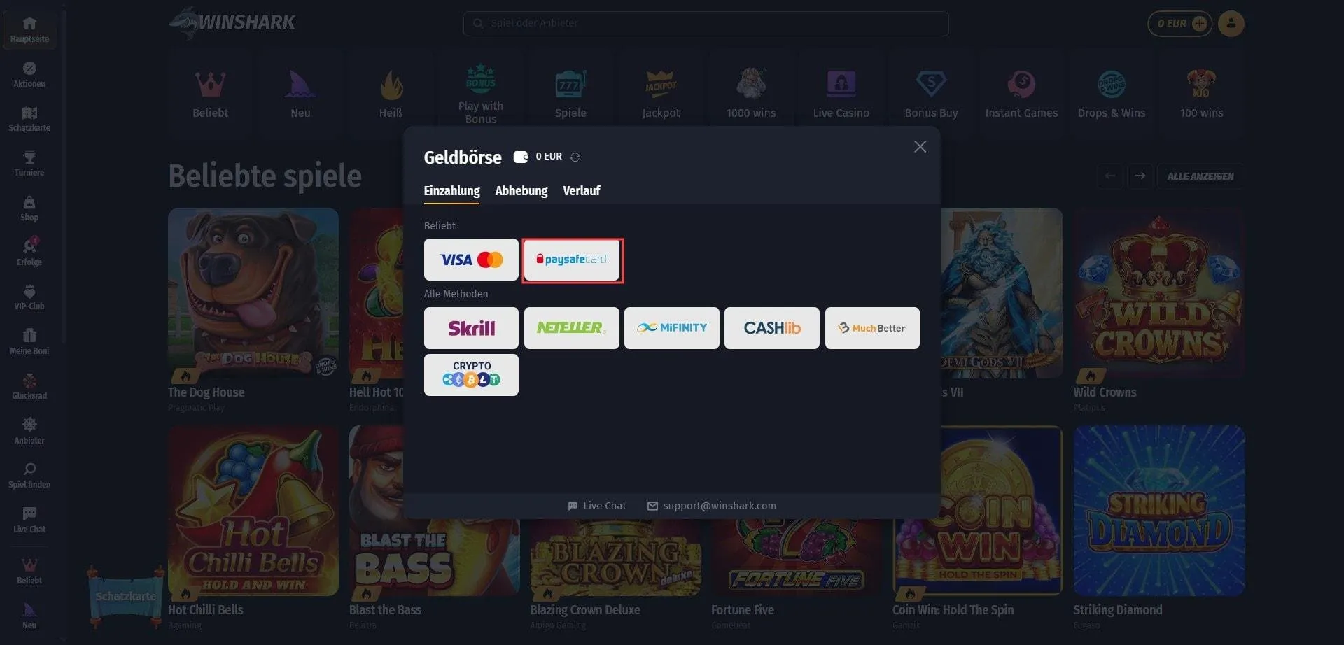 Winshark Casino mit Paysafe